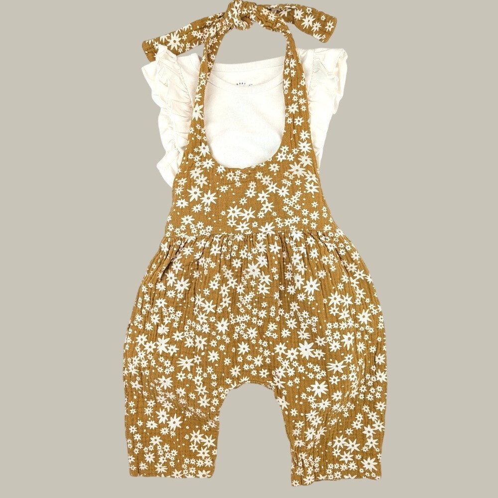Cat & Jack Bodysuit Floral Halter Romper Mustard Cream Baby Girls 12M Set